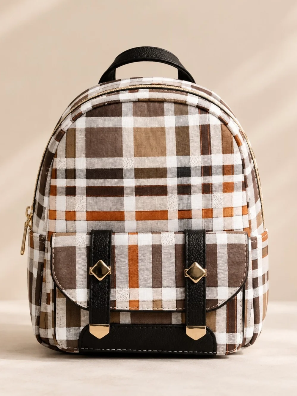 NWT Stylish Plaid Mini Backpack with Teddy Bear Keychain - Brown & White